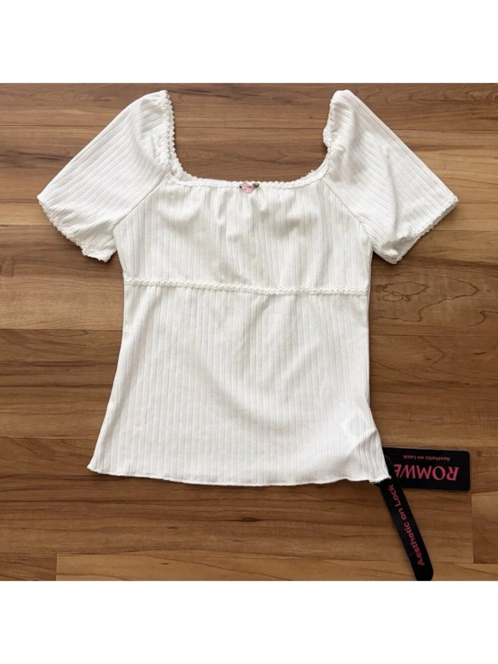 Romwe White Bow Baby Tee XS Coquette Y2K Ribbed Square Neck Top NWT